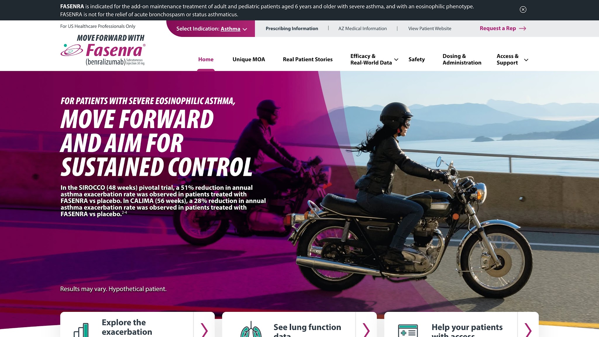 Fasenra HCP website homepage showing the Move Forward campaign.